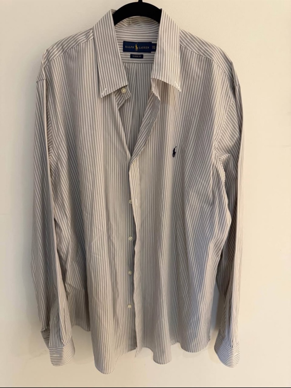 Ralph Lauren Men's White Shirt with Light Gray Pinstripes and Polo Logo